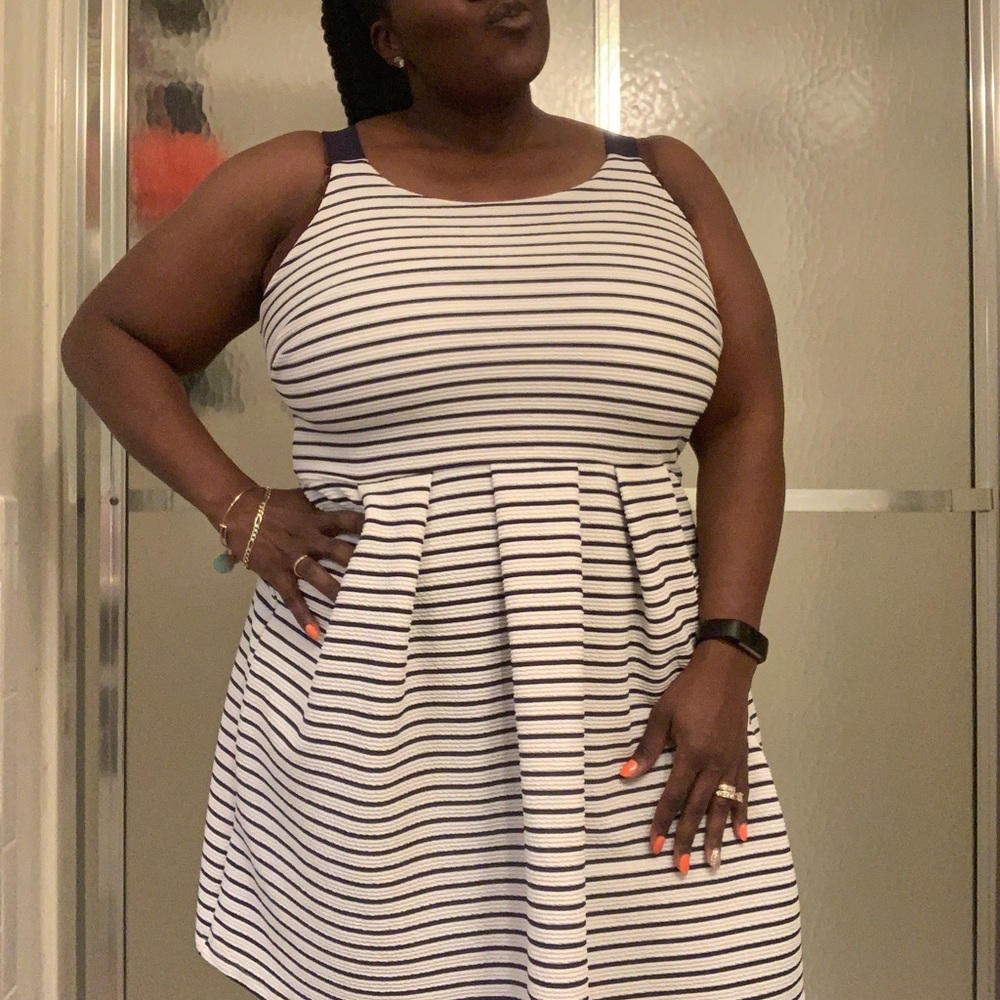 Navy blue and white striped dress
